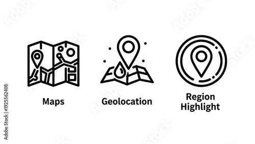 Three distinct icons illustrating geographical location: a folded map, a map with a pin and drops, and a circular region highlight.