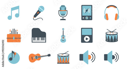Collection of Music Instruments and Audio Devices.