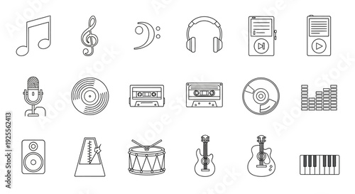 Music Instruments and Audio Equipment Icons Set.