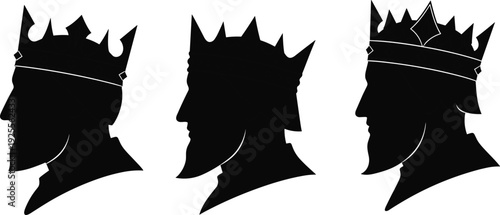 King silhouette illustration set with crowned royal heads medieval monarchy emblem black profile vector isolated on white background design artwork