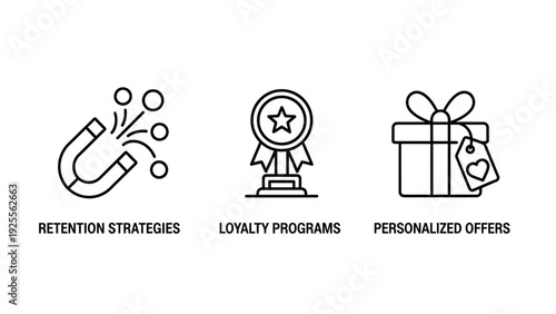 Marketing icons for customer retention strategies, loyalty programs, and personalized offers, emphasizing customer relationship management.
