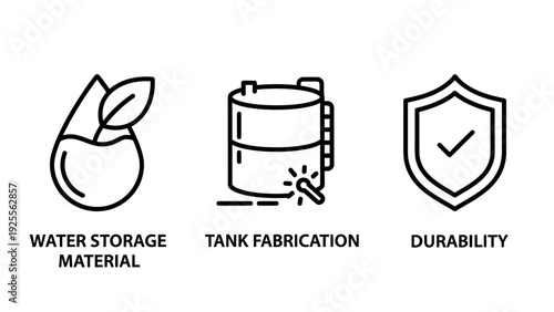 Water storage material icon, tank fabrication and durability shield symbolizing fluid containment, construction and reliability.