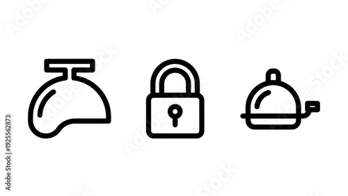 Helmet icon, padlock and serving cloche, symbolizing safety, security and service in business or personal life.