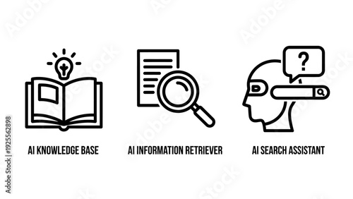 AI knowledge base, information retriever and search assistant icons representing artificial intelligence, learning and search technology.