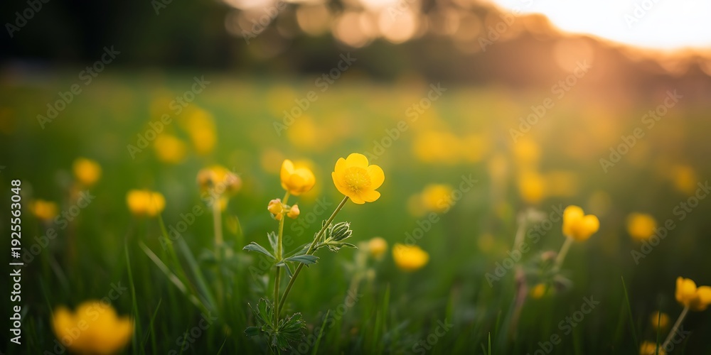Fototapeta premium Beautiful yellow flowers in a green grass field at sunset natural scenery outdoors