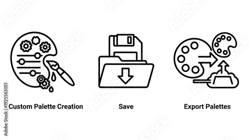 Set of icons for custom palette creation, saving files, and exporting color palettes to the cloud for digital art and design.