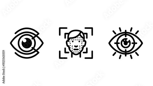 Biometric security icons showing eye tracking, facial recognition, and target for identity verification and surveillance.