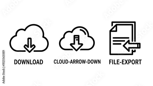 Icons for downloading files from the cloud and exporting documents, representing data transfer and digital file management.