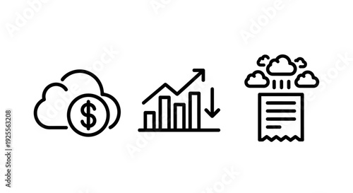 Icons symbolizing financial concepts: cloud currency, bar graph with up and down arrows, and receipt with clouds