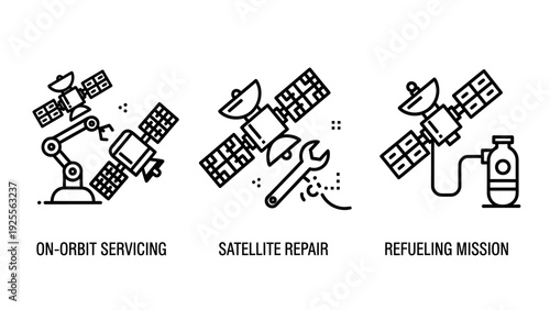 Vector icons set for satellite servicing, repair, and refueling missions in space technology, clean outline design