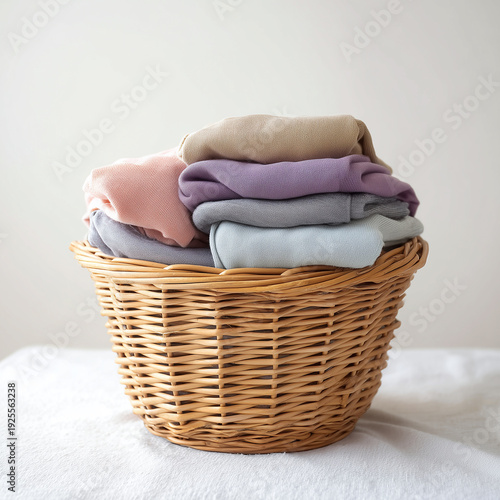 Wicker Laundry Basket Filled with Pastel Clothes in Minimal Home Setting
