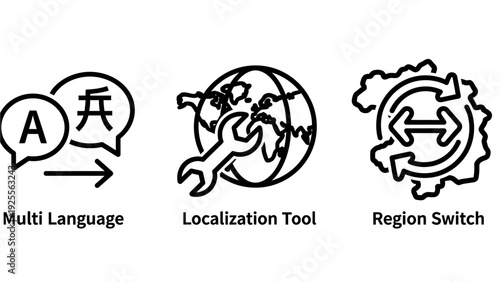 Icons for multi-language support, localization tool, and region switch representing global communication and adaptability