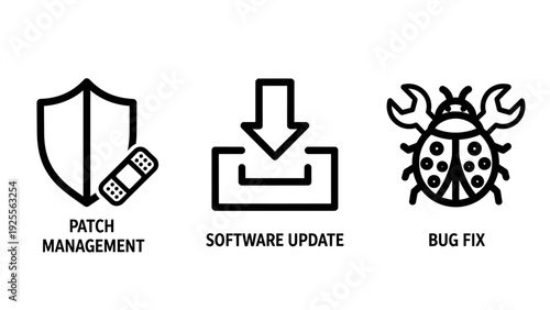Icons for patch management, software update, and bug fix, security and maintenance of digital systems
