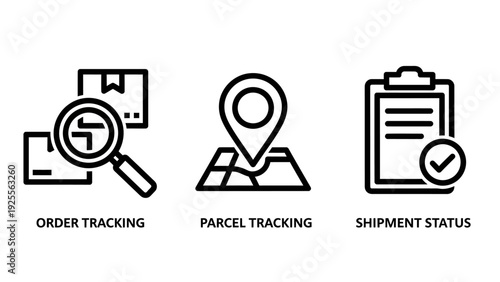 Icons for order tracking, parcel tracking, and shipment status updates in logistics and delivery services