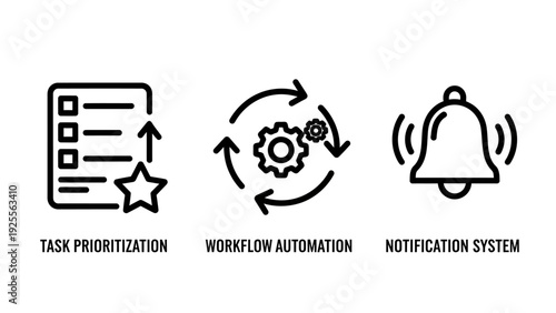 Simple icons for task prioritization with a checklist and star, workflow automation with gears and arrows, and notification system with a ringing bell.