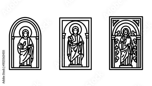 Stylized icons of religious figures in arched and rectangular frames, reminiscent of stained glass or mosaic art, representing saints or historical figures.