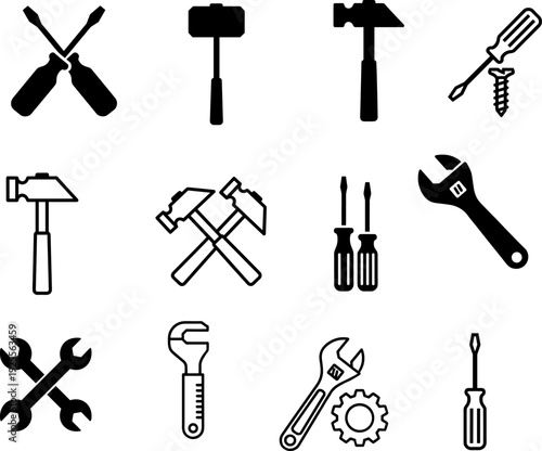 Versatile Tool Kit Vector Icons: Essential Screwdrivers, Hammers, and Wrenches for Home Improvement, Professional Repair, and Industrial Design