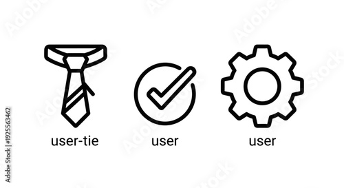 Icons representing business and work concepts: a tie for professional attire, a checkmark in a circle for approval, and a gear for process or work.