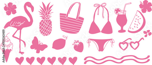 Hand drawn doodle beach for summer tropical flamingo pineapple bikini cocktail fruit set perfect for summer designs, t-shirts, posters, and placard prints.