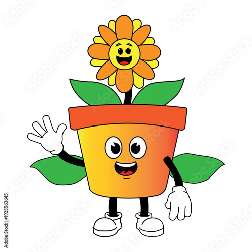 Happy cartoon flower pot character with smiling flower