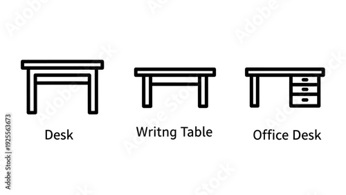 Set of simple outline icons showcasing different desk types: a basic desk, a writing table, and an office desk with drawers for furniture concepts.