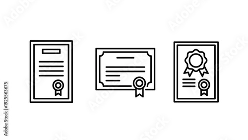 Three line art icons of certificates and diplomas, representing achievement, award, and official document for recognition and qualification.