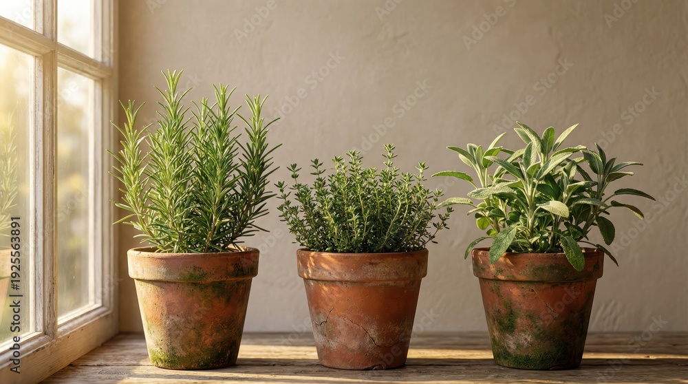 Fototapeta premium Sunlit herb trio: rosemary, thyme, and sage in rustic clay pots on wooden window sill
