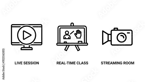 E-Learning and Virtual Event Line Icons: Live Sessions, Real-Time Classes, and Streaming Rooms for Online Education