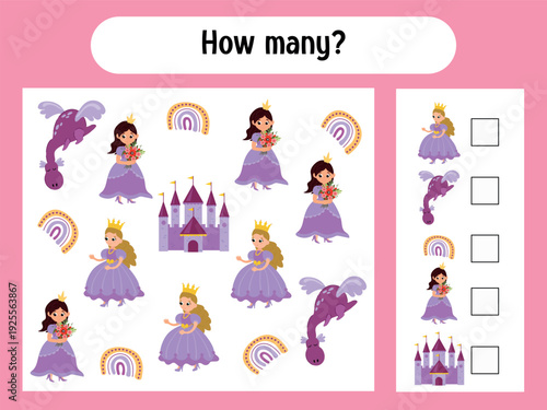 Princess Counting Game for Kids. Educational game: How many?	
