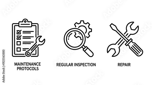 Technical Service and Maintenance Line Icons: Protocols, Regular Inspection, and Repair for Equipment Upkeep