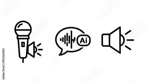 Artificial Intelligence Voice Technology Icons: Microphone Input, AI Speech Recognition, and Loudspeaker Output for Smart Assistants and Audio Communication Systems