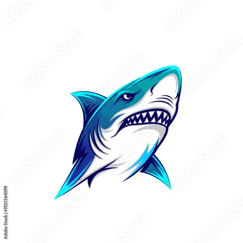 Aggressive shark head with sharp teeth in blue and white colors