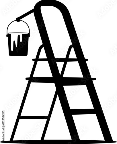 Painter's Step Ladder with Dripping Paint Bucket Silhouette Vector Illustration - Perfect for Home Renovation, DIY Projects & Professional Decorating Services Icon Graphic