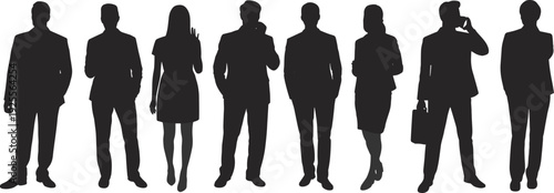 Large collection of black silhouettes featuring professional business men and women standing talking on smartphones and carrying briefcases isolated on white background for corporate use