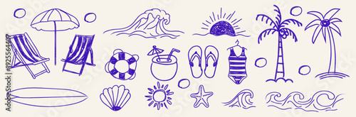 Hand drawn doodle beach for summer tropical coastal set with palm trees, waves, surfboard, beach chairs and sun elements perfect for summer designs, t-shirts, posters, and placard prints.