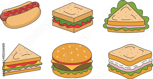 Colorful cartoon sandwich and fast food illustration set with burger, hotdog and layered sandwiches isolated on gray background, cute lunch clipart for menu design