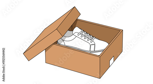 A single white sneaker with laces sits inside an open brown cardboard shoebox with the lid propped open against a plain white background.