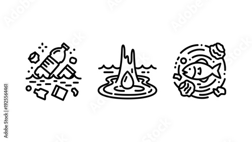 Environmental Plastic Pollution Icons: Water Waste, Plastic Bag Contamination, and Marine Life Threat Representing Ocean Damage and Ecological Crisis