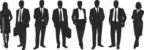 Large collection of black silhouettes featuring professional business men and women in formal suits standing in confident poses isolated on white background for corporate use