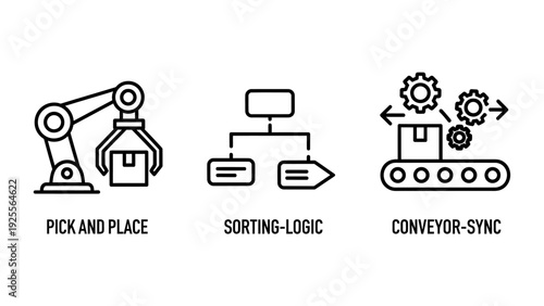 Industrial Automation and Logistics Icons: Robotic Pick and Place, Sorting Logic, and Conveyor Belt Synchronization for Efficient Manufacturing and Supply Chain