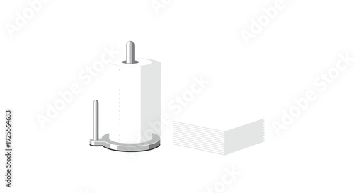 A single roll of white paper towels on a silver metal stand sits next to a square stack of folded white napkins on a plain white background.