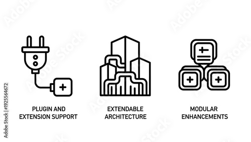 Modular Software Development and Architecture Icons: Plugin and Extension Support, Extendable System Design, and Modular Enhancements for Flexible Platforms
