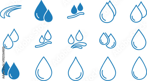 Blue water drop icons, liquid droplet symbols, rain and moisture elements, clean aqua shapes, simple outline vector illustration.