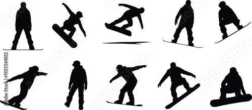 Large collection of black silhouettes featuring snowboarders jumping sliding and performing tricks in various active winter sports poses isolated on white background for mountain vacation