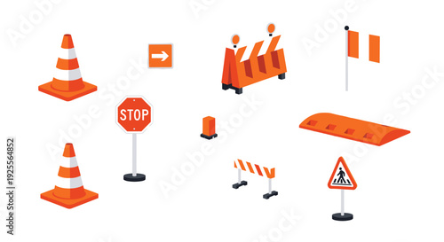 A collection of isometric traffic safety equipment including orange cones a stop sign barriers and road signs is on a white background.