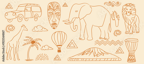 Hand drawn doodle African safari vector illustration set with savanna animals and tribal elements like elephant, lion, giraffe, mask, drum and jeep perfect for travel designs, t-shirts, posters, and p