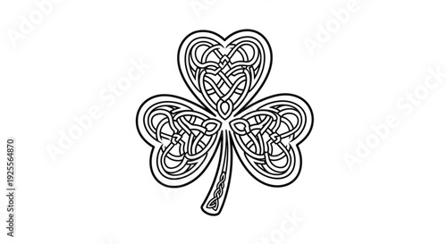 Celtic knotwork shamrock design with intricate patterns and heart shaped leaves on white background