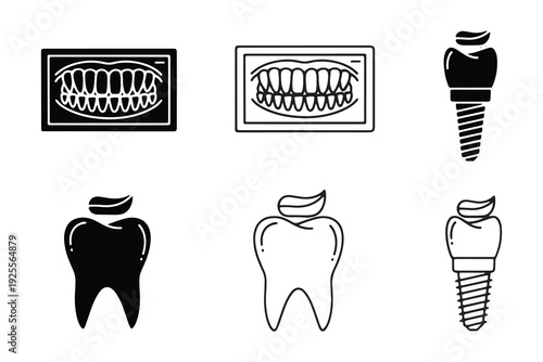 Dental icons set with teeth and implants in black and white