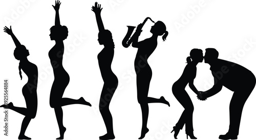 Large collection of black silhouettes featuring women dancing playing saxophone and a romantic couple kissing isolated on white background for lifestyle and celebration concepts