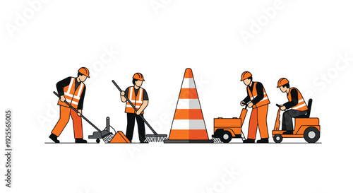 Four road construction workers in orange safety gear operate cleaning machines and a tractor near a large cone on a white background.